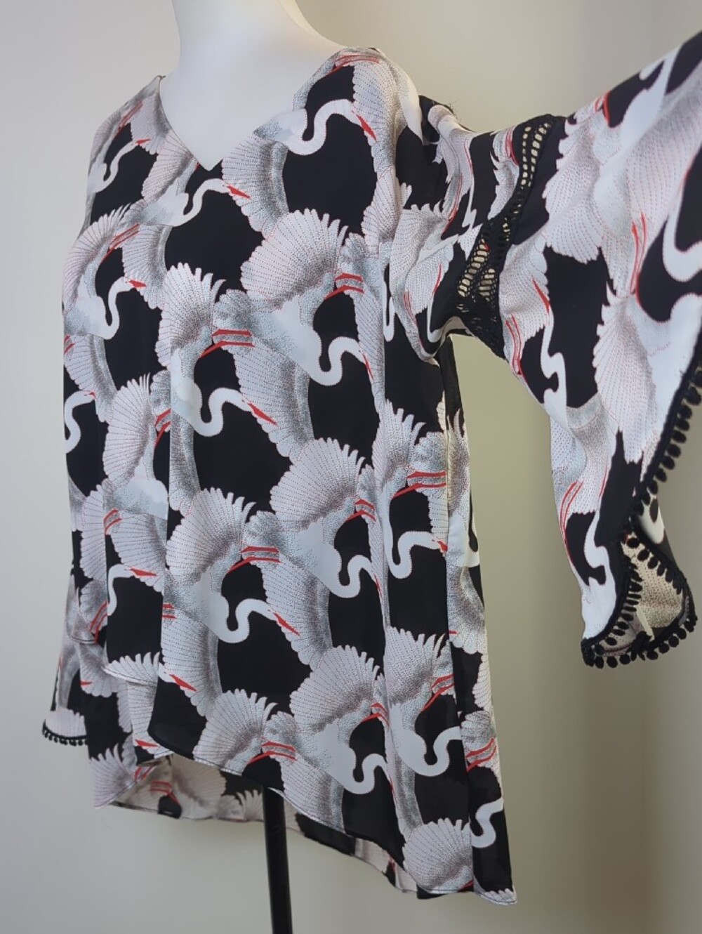 Alfani Japanese Crane Bird Print V-Neck Bell Sleeve Boho Blouse XL